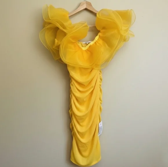 ASOS LUXE Elegant Yellow Wired Ruffle One Shoulder Mini Dress - NWT Size 6 - Picture 4 of 5